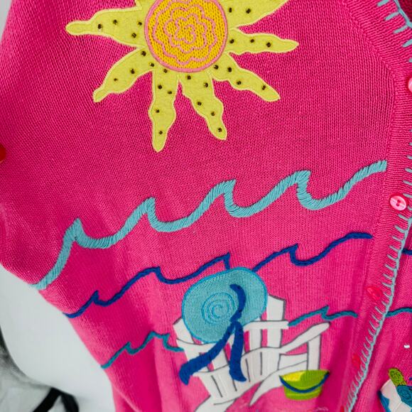 Quacker Factory 3X Pink Beach Scene Embroidered Cardigan Coastal Nautical - Picture 6 of 11